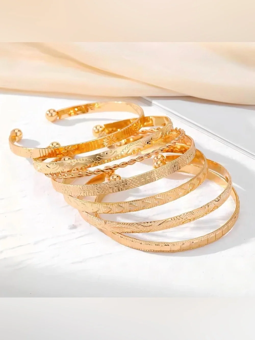 NWT~7pc 14K Gold Plated Bangle Cuff Stackable, Adjustable Bracelet Set